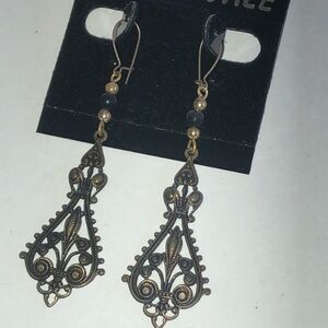 Vintage Aged Gold Tone and Black Beaded Boho Dangle Earrings